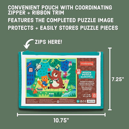 Mudpuppy Woodland Picnic – 12 Piece Puzzle with Reusable Zipper Pouch Featuring Colorful and Fun Illustrations of Forest Animals Perfect for Easy Storage and Travel