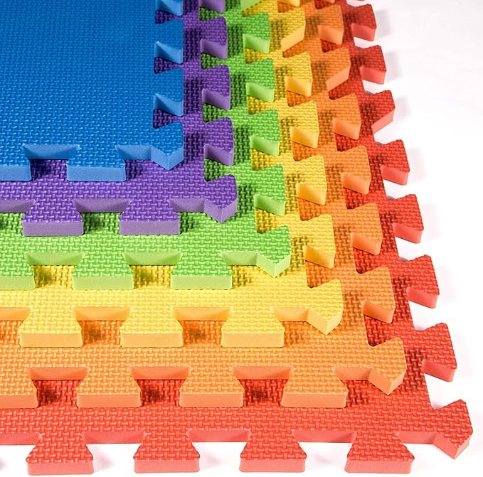 FlooringInc's Rainbow & Natural Harmony Playmat - Kid Safe Foam Floor Tiles with Removable Edges - 2'x2', 1/2" Thick (Rainbow, 48 Tile Pack)