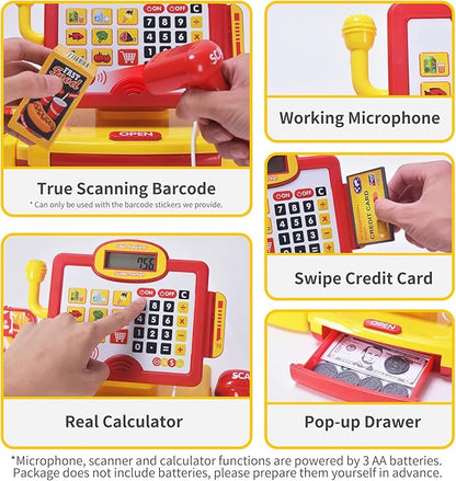 FS Toy Cash Register for Kids, with True Barcode Scanner & Calculator Toys, Pretend Play for Toddlers 3-5, Shopping Playset, Kids Cash Register with Credit Card for Boys and Girls