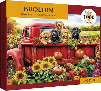 Dog Truck Flower Puzzle 1000 Pieces for Adults, Farm Fall Autumn Sunflower Jigsaw Puzzle, Animal Country Vintage Funny Puzzles