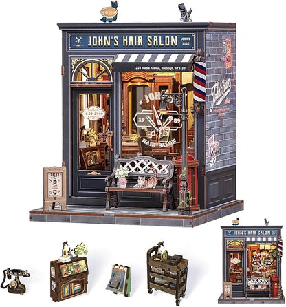 Book Nook Kit, DIY Miniature House Kits for Adult and Teens, Dollhouse Tiny Booknook Garden House Bookshelf, DIY Craft Gifts for Family and Friends (John's Hair Salon)