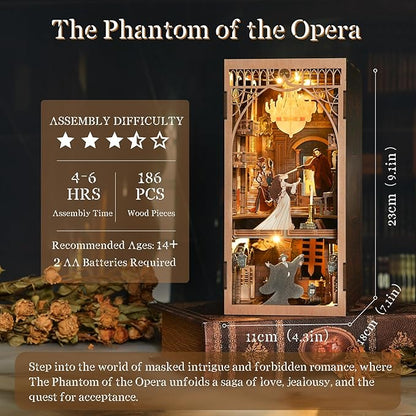 Book Nook Kit, DIY Miniature Dollhouse Booknook Kit, 3D Wooden Puzzle Bookend Bookshelf Insert Decor with LED Light for Teens and Adults (Phantom of The Opera)