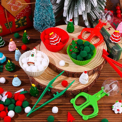 360 PCS Christmas Sensory Bin Filler Winter Sensory Bin Items 240 Pompoms 90 Felt Christmas Tree 17 Resin Xmas Tree 6 Cups 6 Tweezers 1 Storage Box for Winter Xmas Sorting Counting Training