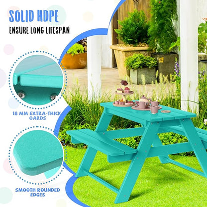 Costaelm Kids Picnic Table, HDPE All Weather Outdoor Toddler Picnic Table and Chair Set Kids Bench for Patio, Backyard, Garden, Lawn, Turquoise