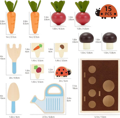 Wooden Montessori Gardening Playset for Kids – 16 Piece Plant & Harvest Toy Kit, Kids Pretend Play Food with Carrots, Beets, Mushrooms, Kitchen Accessories Toy Gift for Boys Girls 3+