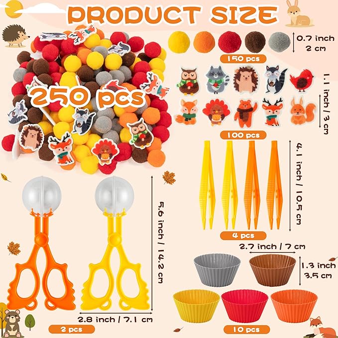 EZdhuawuse Fall Sensory Bin Fillers - 267 Autumn Animals Thanksgiving Fine Motor Toys Sorting Stacking Toys for Kids, Felt Hedgehog Squirrel Turkey for Preschool Education Early Development Activity