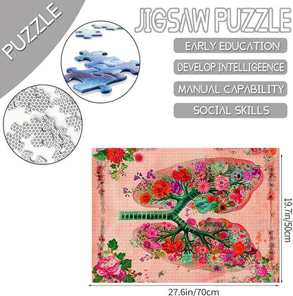 Flower Organs Jigsaw Puzzle Vintage Lungs Floral 1000 Pieces Puzzles Game Human Anatomy Jigsaw Puzzles for Adults Home Decor DIY Craft Puzzle Gift for Friends and Family 20 x 27 Inch