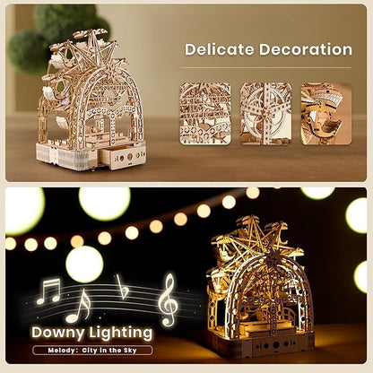 3D Wooden Puzzles for Adults: 3D Puzzle Light-Up Ferris Wheel with Music Box - 222psc Wooden Puzzles Model Building Kits Fun Gifts for Adult with Storage Box - Hobbies for Men Women