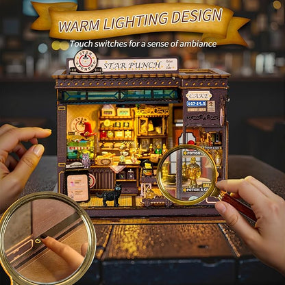 DIY Miniature House Kit - Coffee Shop Wooden Dollhouse Kit with LED Lights -Mini House Making Kit with Furniture - Tiny House kit for Adults to Build - Miniature Kits Craft Gift