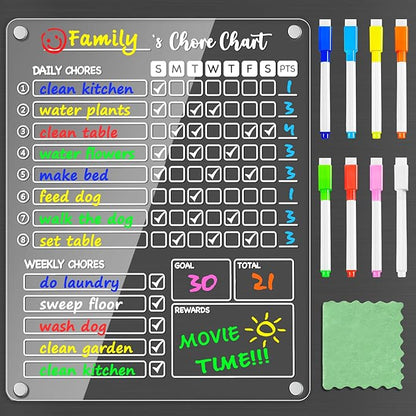 PigPotParty Acrylic Magnetic Chore Chart for Kids on Fridge – 9.5"x12" Daily & Weekly Dry Erase Chore Board with 8 Fine Tip Markers and 1 Towel – Responsibility Chart with Reward Point System