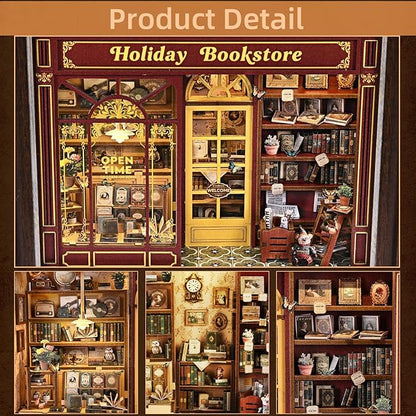 Book Nook Kit-3D Wooden Puzzle with LED Switch Control & Wall-Mountable Frame,DIY Miniature House for Beginners,Bookshelf/Tabletop/Wall Decor for Craft Lovers,Dollhouse Gift,Holiday Bookstore
