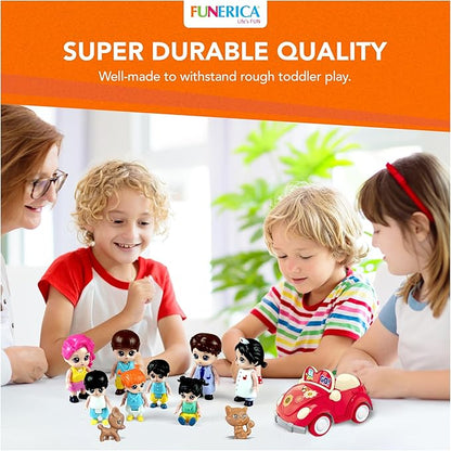 FUNERICA Dollhouse People Figures Playset - Dollhouse Family Little Play Figurines Doll House Accessories Toys -(Family Figures with Car, Pets, Doctor & Nurse)
