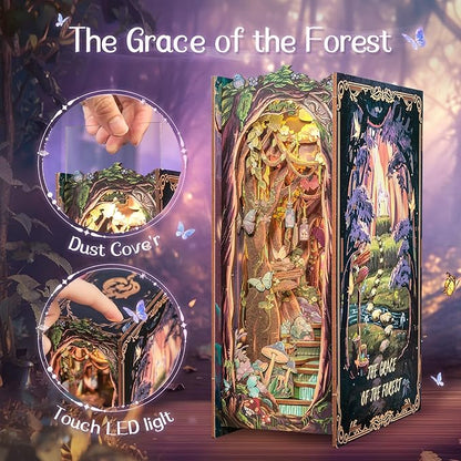 Fsolis Book Nook Kit, DIY Miniature Room House Kit 3D Wooden Puzzle Craft Kit for Adult Decorative Bookend Bookshelf Bookcase Nook Decor Gifts for Women Teens and Book Lovers (The Grace of The Forest)