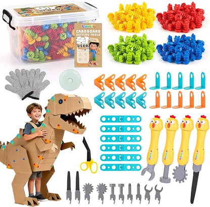 196 PCS Cardboard Cutter for Kids, Reusable Safe Cardboard Tools for Kids with Box, Gloves, Screws, Connectors, Screwdrivers, Saws, Educational Toys for 5 6 7 8 Year Old, Birthday Gift for Boys Girls