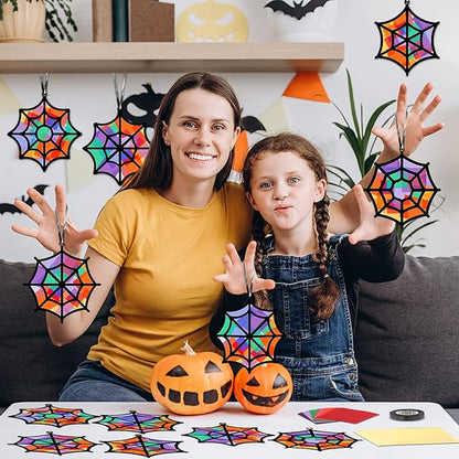 Qyeahkj 36 Set Halloween Spider Web Suncatchers Crafts Kids DIY Hanging Spider Web Tissue Paper Crafts Kit Window Art Ornaments Decor for Halloween School Home Activity Art Project Party Favor Gift