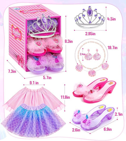 Princess Dress Up Shoes Set, Girls Dress Up Toys, Jewelry Boutique Necklace Earrings Crown, Princess Dresses Role Pretend Play Gifts Princess Toys for Girls Aged 3 4 5 6 Years Old