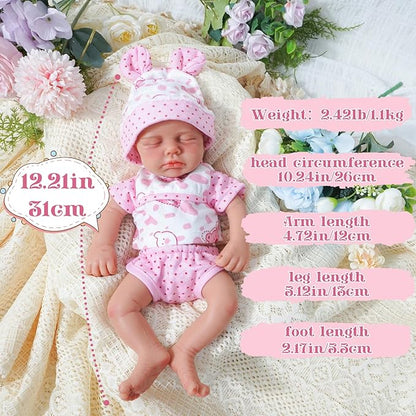 Reborn Baby Dolls Silicone Full Body 12in Weighted Real Life Closed-Eyes Girl Dolls Lifelike Newborn Baby Soft Body Flexible Limbs Not Vinyl