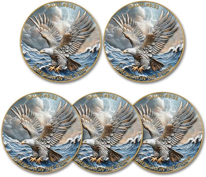 Eagle & Isaiah 40:31 Challenge Coin - Inspirational Christian Prayer Coin - Strength in The Storm - Pocket Gift with Clear Case(Pack of 5)