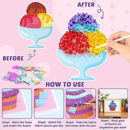 8PCS Poke-in Craft and Art Kit for Kid Dessert Cake Theme No-Mess Fabric Sewing Art Girl Boy 4-12 Puzzle Puncture Painting Ice Cream Donut Toy Gift for Creative Activity Game Birthday Party