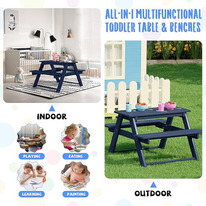 Costaelm Kids Picnic Table, HDPE All Weather Outdoor Toddler Picnic Table and Chair Set Kids Bench for Patio, Backyard, Garden, Lawn, Navy Blue