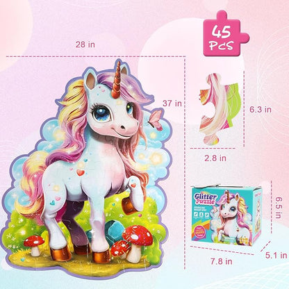 Glittering Unicorn Puzzle, Large Floor Unicorn Jigsaw Puzzles for Kids with Puzzle Sticker Sheets, for Girls Ages 3-6
