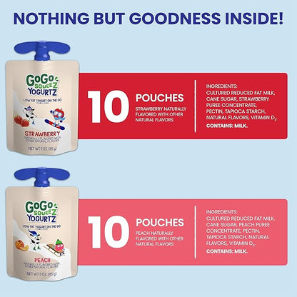 GoGo squeeZ YogurtZ Variety Pack, Strawberry & Peach, 3 oz (Pack of 20), Kids Snacks Made with Real Yogurt and Fruit, No Fridge Needed, Gluten Free, Nut Free, Recloseable Cap, BPA Free Pouches