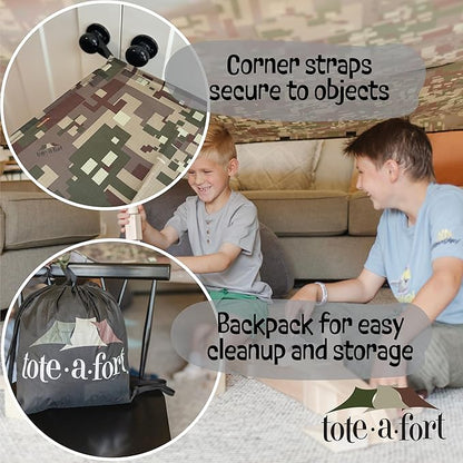 Tote a Fort Camo Blanket Fort Building Kit for Kids, 4 Blanket TOTEAFORT Toy, Make a Portable Playhouse, Play Tent Boy and Girl Indoor Outdoor Build Set, STEM Children Toy, Ages 4, 8, 12 +
