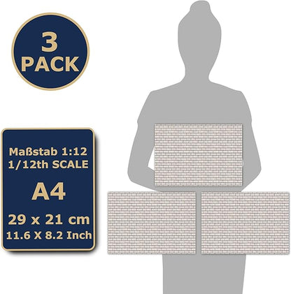 3 Sheets Self-Adhesive Wall Cladding for Dollhouse 1:12 Scale (White Bricks 1)