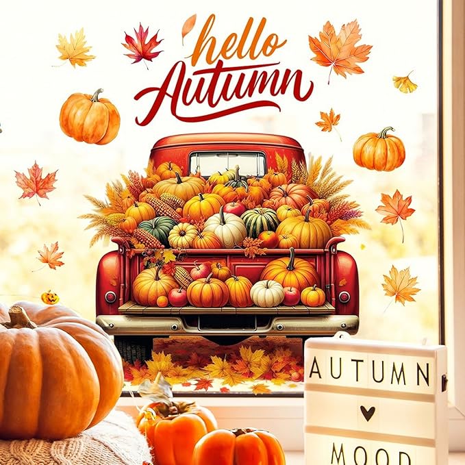 Fall Window Clings for Glass Thanksgiving Static Cling Window Decals 1PCS Pumpkin Maple Leaves Autumn Reusable Window Stickers Home School Office Decorations