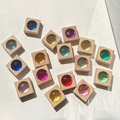 16PCS Acrylic Wooden Gem Blocks, Sparkling Acrylic Colorful StackingToys, Open Ended Play Montessori Educational Toys (16PCS Square Gem Blocks)