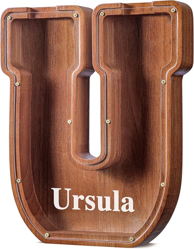 Summidate Customized Name Extra Large Wooden Piggy Bank for Kids Boys Girls Alphabets Letter A-Z Coins Bills Money Change Saving Box Clear Cover (Laser Engraved) Educational Toys 12"- Letter U