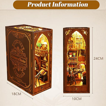 ISSEVE DIY Book Nook Kit, 3D Wooden Puzzle DIY Miniature House Kit for Booknook Shelf Insert Decoration, Magic Book House Stand Bookshelf Dollhouse for Adults with Sensor Light (Library of Books)