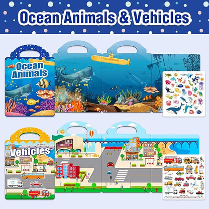 2 Sets Reusable Sticker Books for Toddlers 1-3, Removable Jelly Sticker Books for Kids 2-4 Years, Toddler Travel Toys Activity Road Trip Essentials for Kids- Vehicle + Ocean