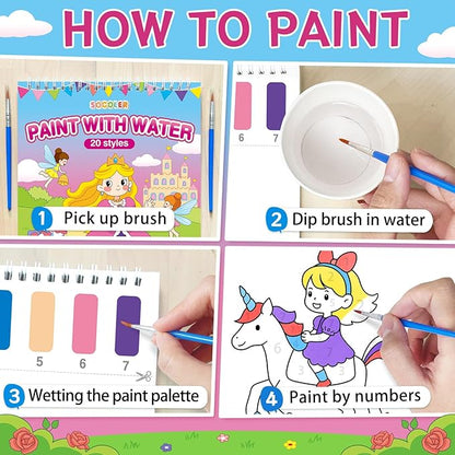 Paint with Water Coloring Books for Toddlers,Mess Free Watercolor Painting Papers for Kids Water Color Paint Kit Art Craft Birthday Gift for Ages 1-3, 4-8(Princess and Party)
