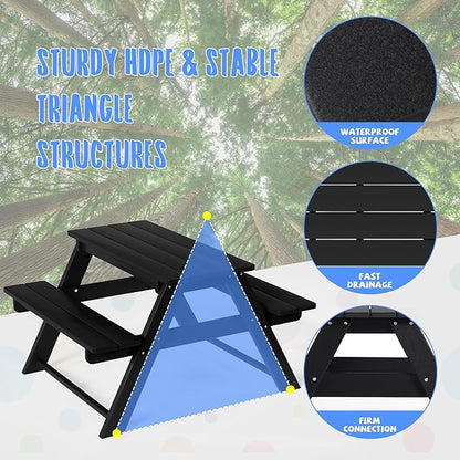 Costaelm Kids Picnic Table, HDPE All Weather Outdoor Toddler Picnic Table and Chair Set Kids Bench for Patio, Backyard, Garden, Lawn, Black