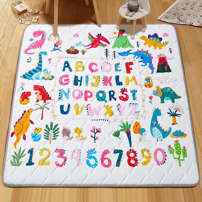 Baby Play Mat - Thicken 71x59 Inch Soft Foam Crawling Mat for Playpen & Floor, Non-Slip Waterproof Playmats for Infants & Toddlers, Portable Foldable & Machine Washable, Dinosaur & Letters