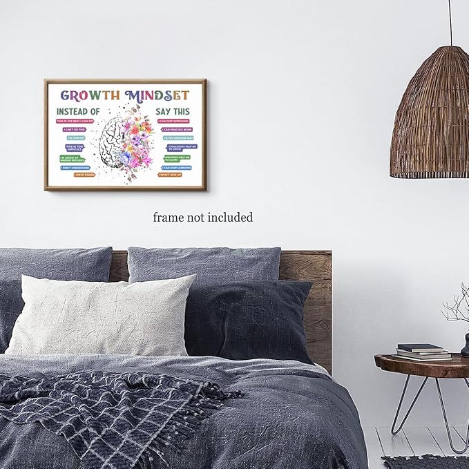 CEHNSENHUI Classroom Growth Mindset Affirmations for Kids Mental Health Posters Brain Poster Psychology Special Education Calm Corner Wall Art Office Therapy Canvas Wall Decor 12x16in Unframed