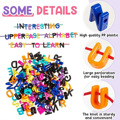 Wesiti 408 Pcs Lacing Letters Alphabet Learning Toys Toddler ABC Alphabet Beads Lacing Sports Skills Toys for Preschool Games Homeschool Supplies Early Spelling (Uppercase Letters)