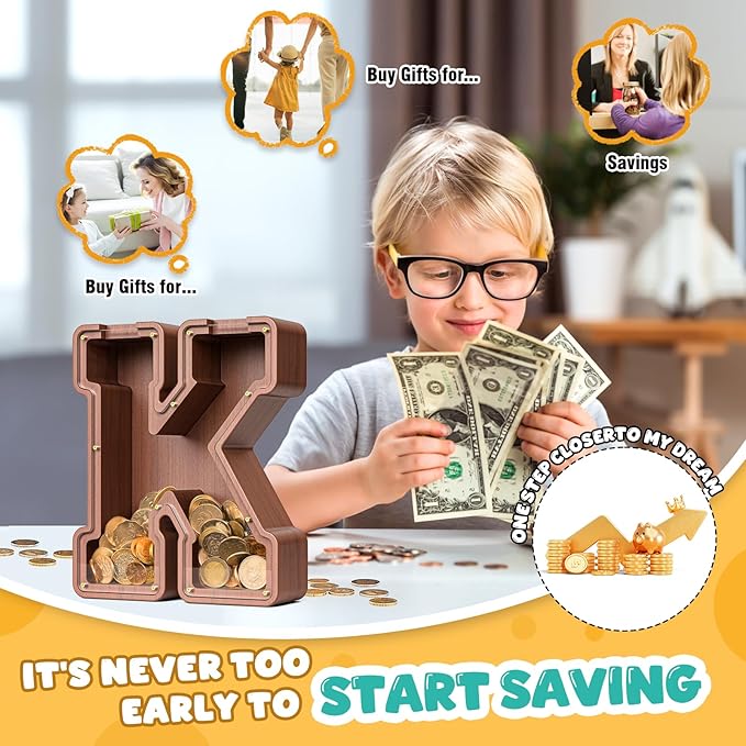 Summidate Wooden Letter Piggy Bank, Extra Thick Large Capacity Piggy Bank for Kids Boys Girls Toddler, Alphabet K Money Bank| Coin Box Birthday, Christmas, Festival
