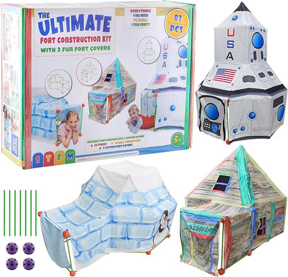 Attatoy Ultimate Play Fort Kit (83-Piece Set), Stick and Ball Fort Building Kit w/ 3 Play Tent Covers