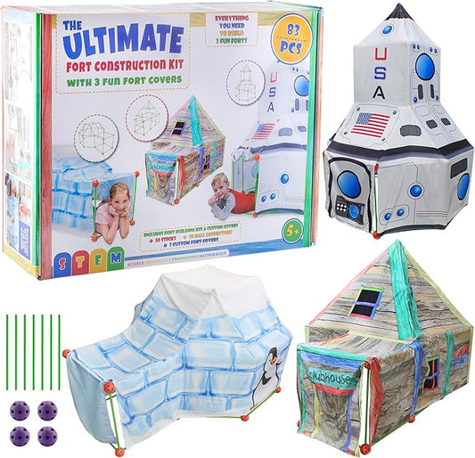 Attatoy Ultimate Play Fort Kit (83-Piece Set), Stick and Ball Fort Building Kit w/ 3 Play Tent Covers