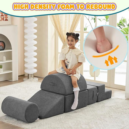 jela Kids Foam Climbing Blocks 6Pcs Soft Play Equipment, Toddler Climbing Toys Indoor Soft Play Climbing Set, Lightweight Climbing Blocks for Babies, Crawling Foam Playset (Miss Fabric Darkgrey)