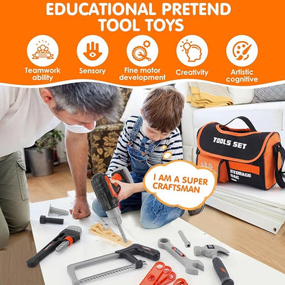 Kids Tool Set- 48PCS Toddler Tool Set Toys with Electronic Toy Drill, Tool Bag&Tool Belt&Tape Measure, Pretend Play Kids Construction Tool Kits Toy for Boys, Kids Birthday Gift for Boys Girls Ages 3+