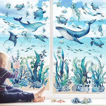 decalmile Under The Sea Marine Animal Double Sided Window Clings Seaweed Sea Animal Whale Turtle Fish Anti-Collision Glass Doors Window Stickers Decals