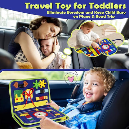 MAJAVI Busy Board Montessori Toys for 1 2 3 4 Year Old, Busy Book for Toddlers 1-3 Boys Girls Birthday Gifts, Sensory Educational Activities Travel Toys for Learning Fine Motor Skills, Blue-3 Pages