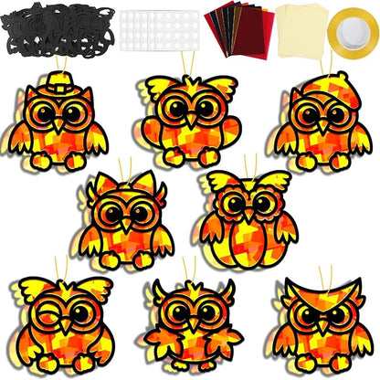 QOUBAI 32 Sets Fall Owl Suncatchers Craft Kit DIY Window Stained Glass Effect Autumn Owl Paper Crafts Home School Classroom Decoration Kid Birthday Gift Creative Art Project Activity Game
