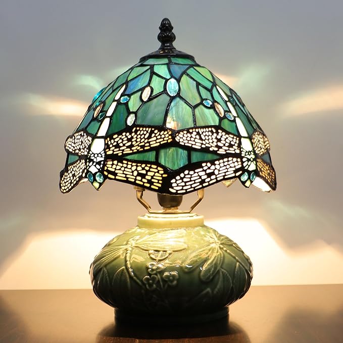 Small Tiffany Lamp Mushroom Table Lamp, Mini Stained Glass Desk Light Memory Sympathy Ceramic lamp 8X11 Inch (Sea Blue Dragonfly Style)