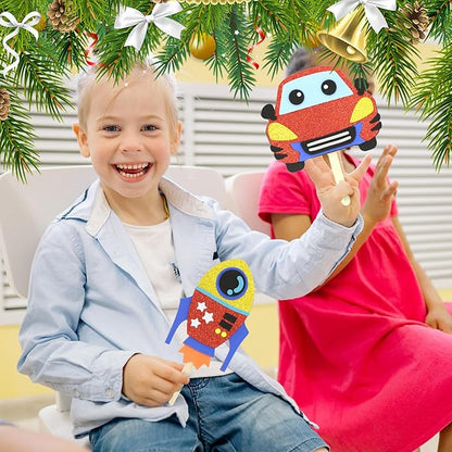 VKPI Make 6 Popstick Puppets Craft Kit for Kids, Foam Art Crafts Gift, Story Time Toys for Ages 4+ Toddler, Cars, Astronaut, Rocket, Spacecraft, Preschool Projects Game Craft, Birthday Party Favor
