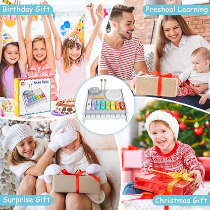 Kids Musical Instruments Piano Drum Set - 5 in 1 Montessori Toys for Toddler Baby, Wooden Music Kit with Piano Keyboard Xylophone, Preschool Educational Sensory Toys, Gifts for Boys Girls