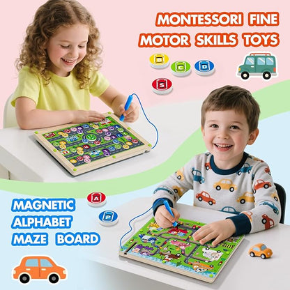 Magnetic Maze 2 in 1 Double Side Color and Number Maze Alphabet Puzzle Board for 3-5 Boys and Girls Kids Montessori Educational Toys (Car, One Size)